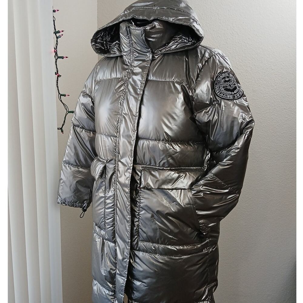 Metallic Silver Hooded Puffer Coat Large warm winter maximalism long line jacket